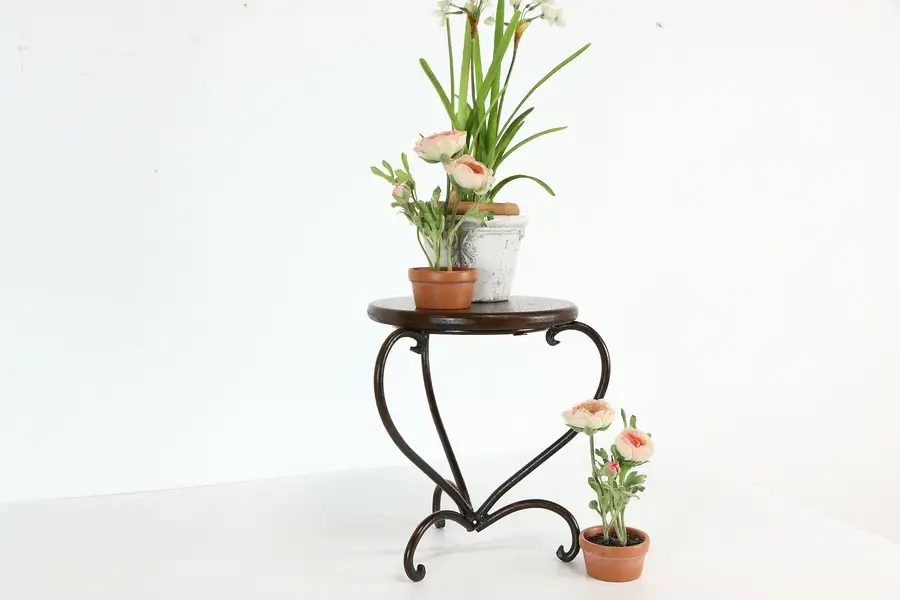 Photo of Wrought Iron Base Vintage Plant Stand or Pedestal, Oak Top