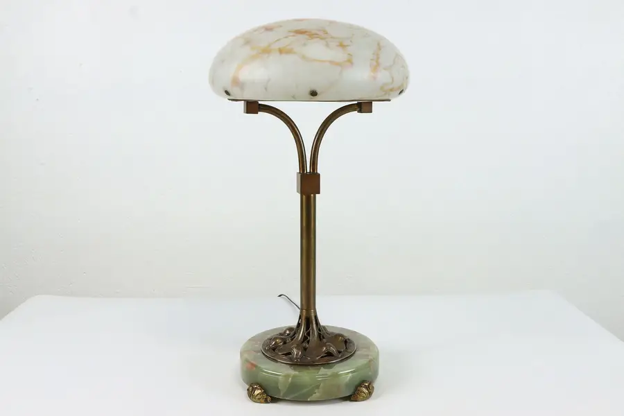 Photo of Art Nouveau Antique Lamp, Onyx & Brass Base, Art Glass Shade