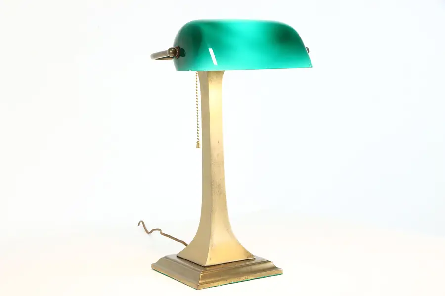 Photo of Emeralite Emerald & Opalescent Glass Antique Brass Banker Desk Lamp