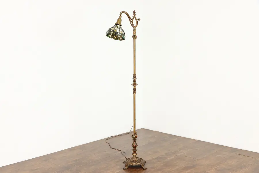 Photo of Arts & Crafts Antique Iron Bridge Lamp Gold Finish, Stained Glass Shade