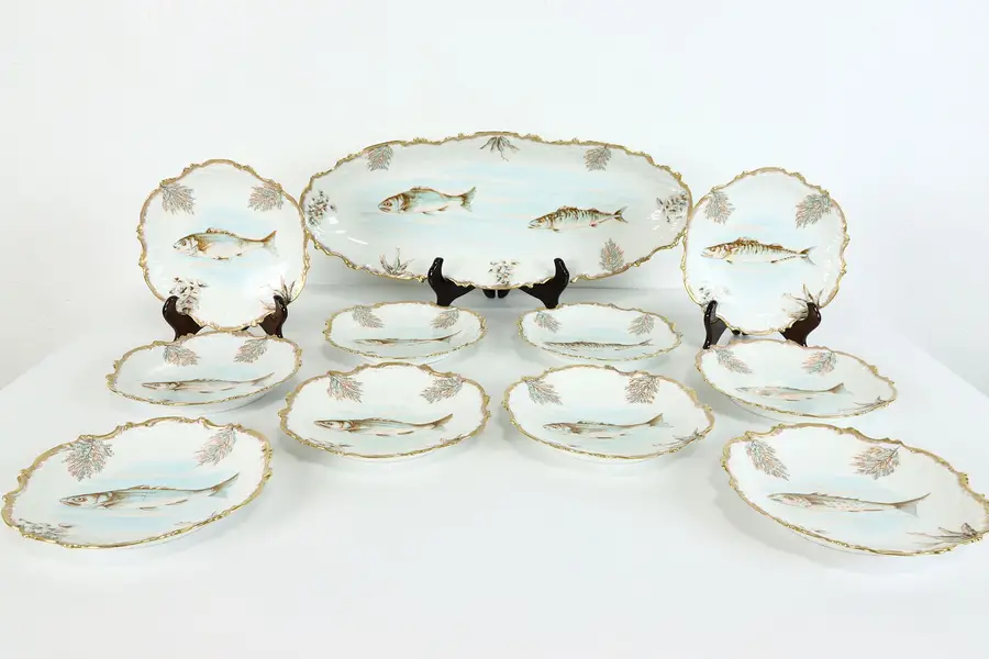 Photo of Victorian Antique Hand Painted Fish Set, Platter, 10 Plates Limoges