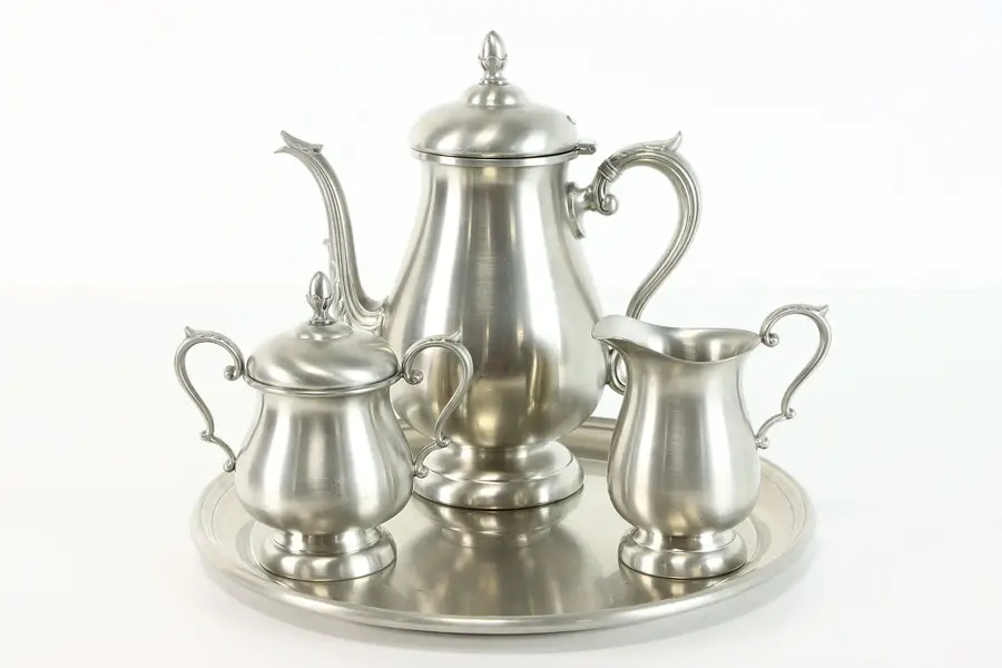 Photo of Pewter Vintage Tea or Coffee 4 Pc Set with Tray, Preisner