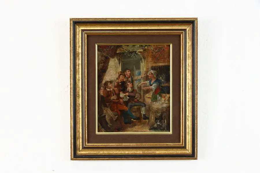 Photo of Georgian Pub Scene English Antique 1780 Oil Painting 13-1/2"