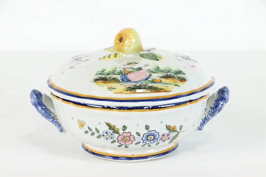 Photo of Quimper Hand Painted Covered Bowl with Handles, Brittany France