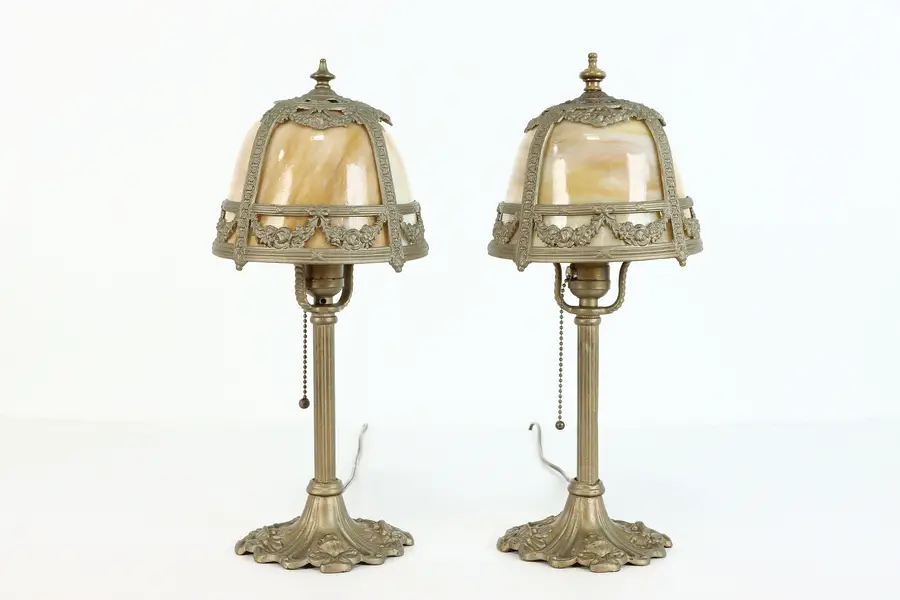 Photo of Pair of Antique 1910 Boudoir Lamps, Stained Glass Panel Shades