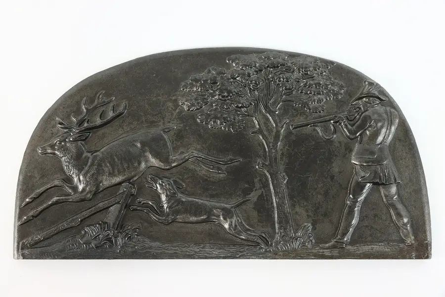Photo of Iron Fireback German Vintage Relief Plaque of Hunter & Stag, Henjes