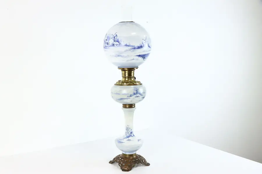 Photo of Victorian Delft Blue Antique Oil Banquet Lamp, Plume & Atwood