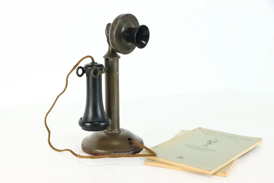 Photo of Industrial Antique 1920 Brass Candlestick Telephone, Western Electric
