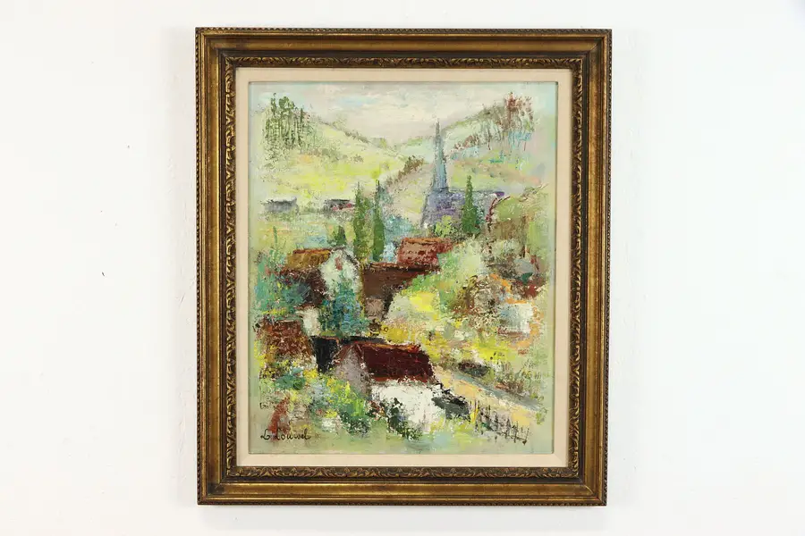 Photo of Village Springtime Scene Vintage Original Oil Painting, L. Loursel 28"