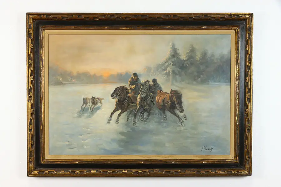 Photo of Troika Russian Scene Original Vintage Oil Painting, J. Kamich, 44"