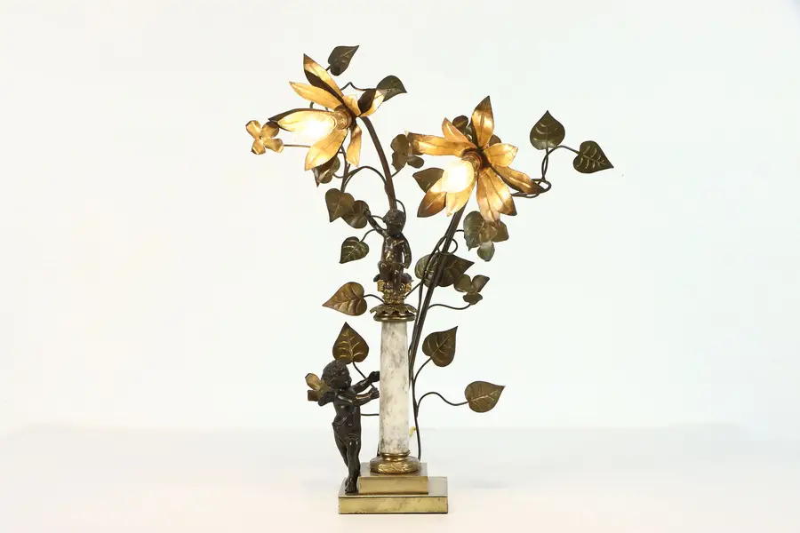 Photo of Cherub or Angel Antique Newel Post Lamp, Brass & Iron, Marble Column