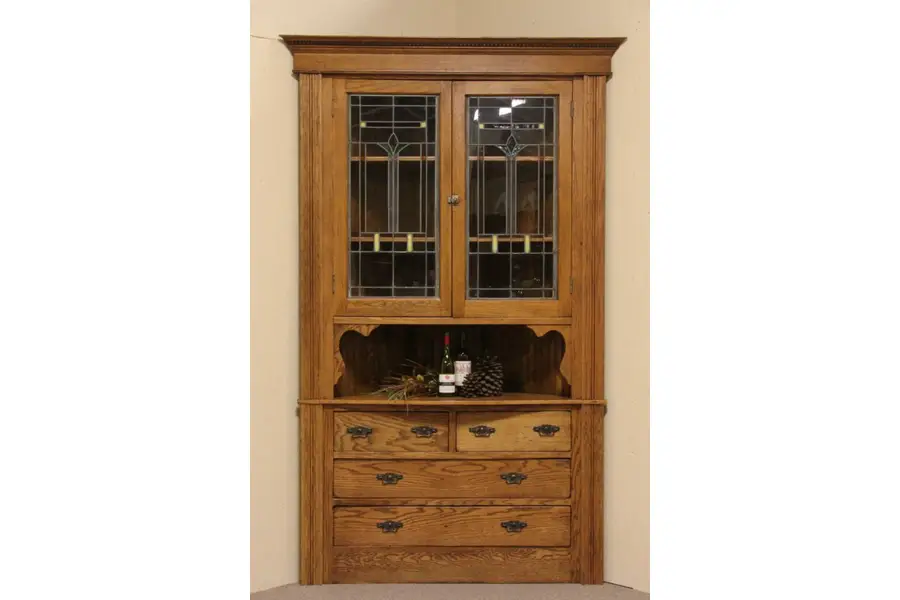 Photo of Oak Antique Corner Cabinet, Leaded Stained Glass Doors