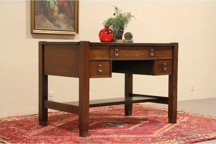 Photo of Arts & Crafts Oak 1905 Library Table, Pull Out Writing Desk