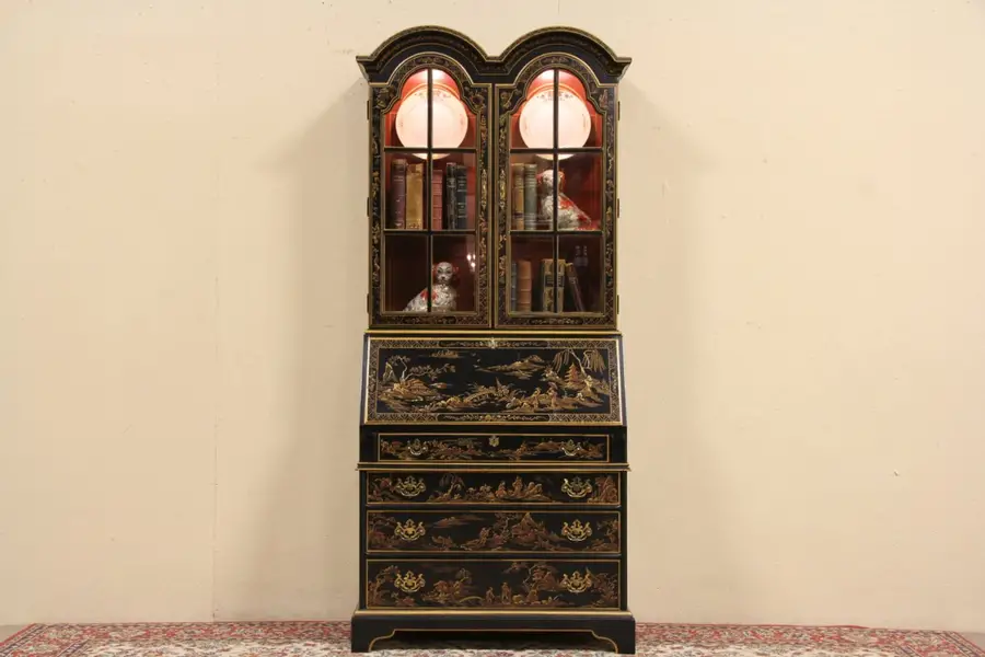 Photo of Drexel Black Lacquer Chinoiserie Secretary Desk & Bookcase