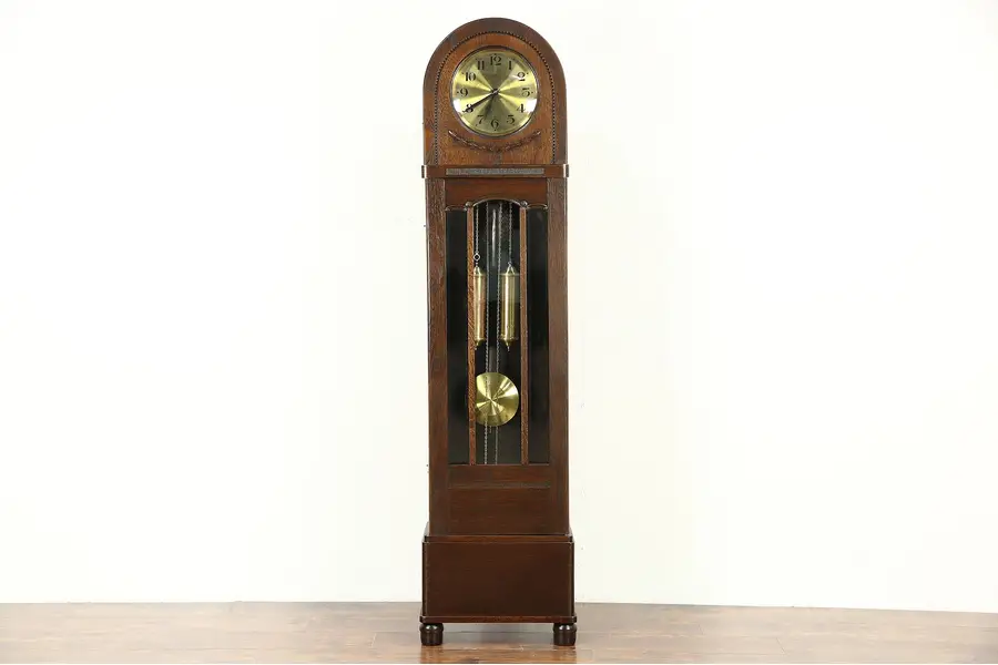 Photo of Gustave Becker Signed Oak Antique 1915 Grandfather Long Case Clock, Germany