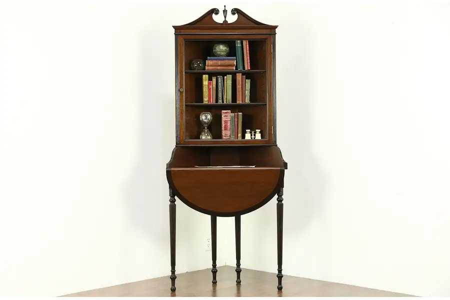 Photo of Traditional 1920's Antique Mahogany Corner Cabinet, Dropleaf Serving Shelf