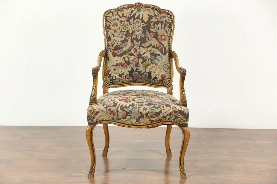 Photo of Carved Antique Scandinavian Chair, Needlepoint & Petit Point Upholstery
