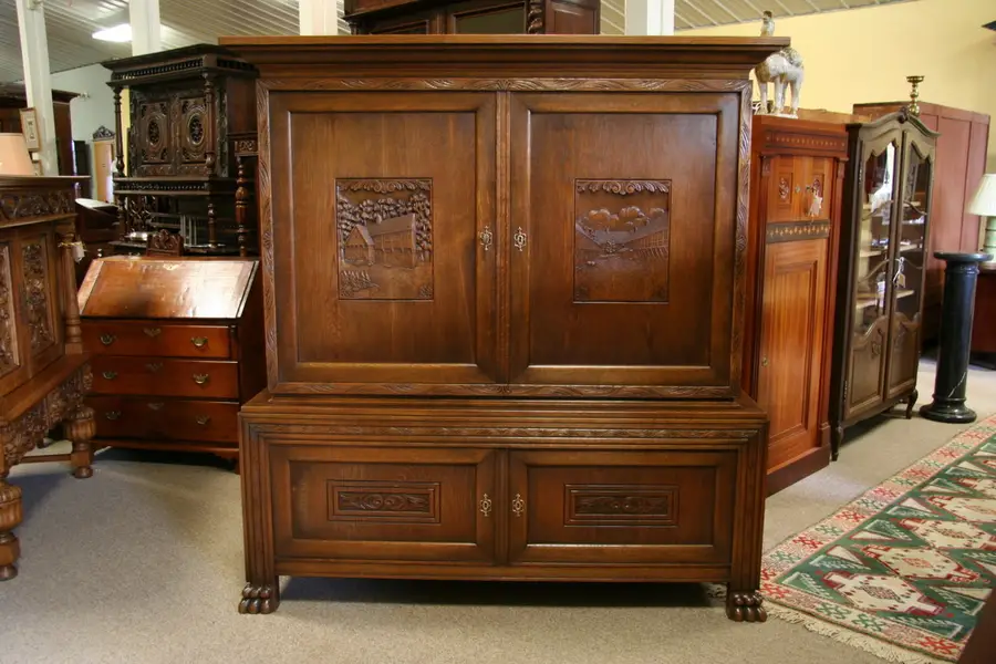 Photo of Oak Cabinet, Carved Swiss Alpine Village Scene