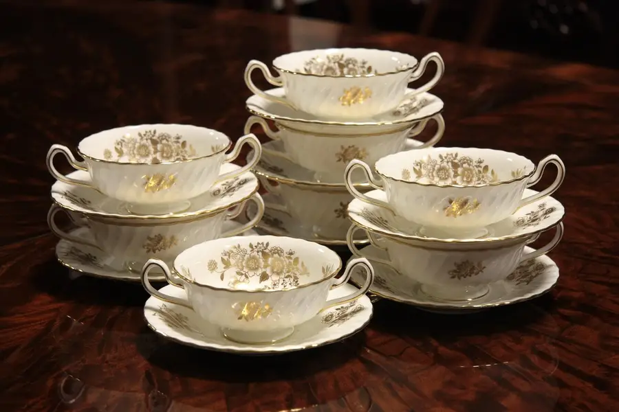 Photo of Set of 8 Soup Cups & Plates, Minton Audley