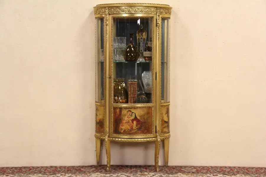 Photo of Gold Leaf 1915 Antique Curved Glass Curio Display Cabinet, Paintings