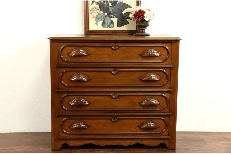 Photo of Victorian 1865 Antique 4 Drawer Ash Chest or Dresser, Carved Pulls