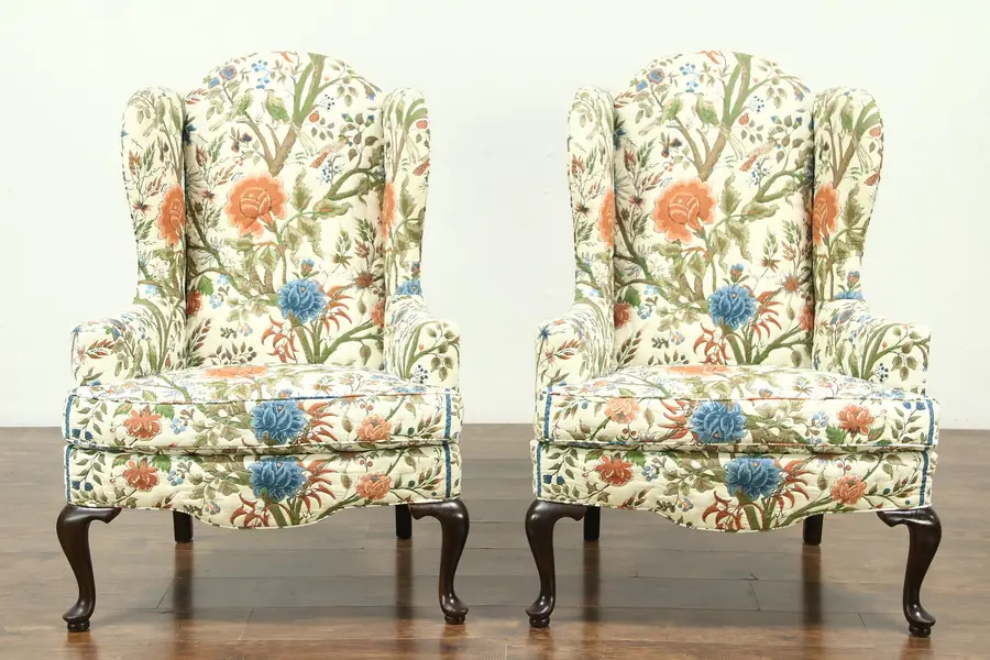 Photo of Pair of Traditional Vintage Wing Chairs, Quilted Upholstery