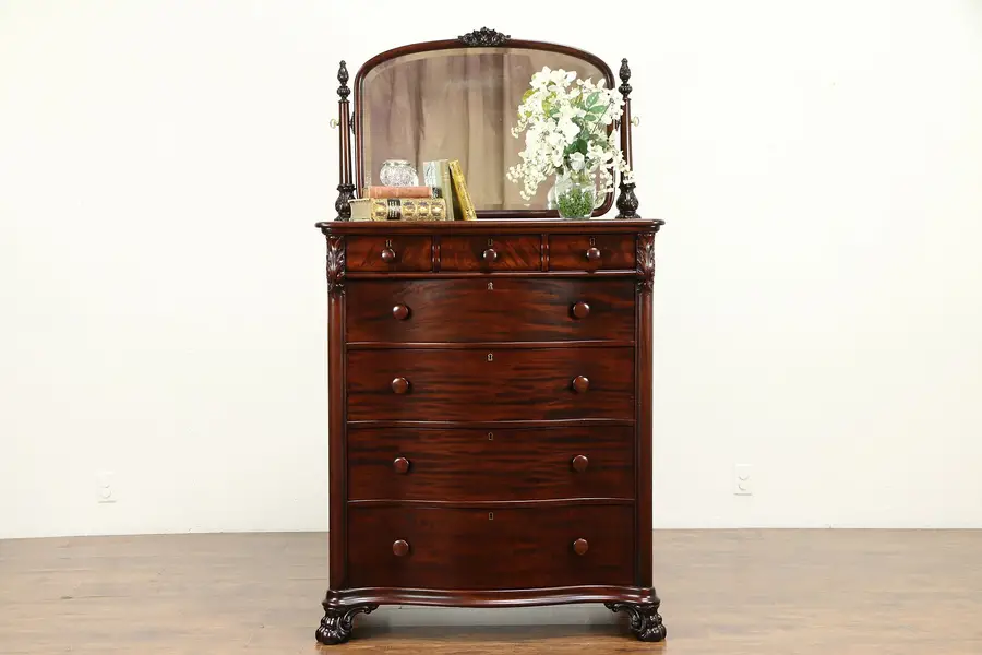Photo of Empire Antique Mahogany Highboy or Tall Chest, Beveled Mirror