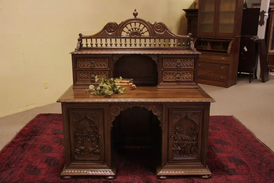 Photo of Brittany Antique Desk, Carved Gallery and Scenes