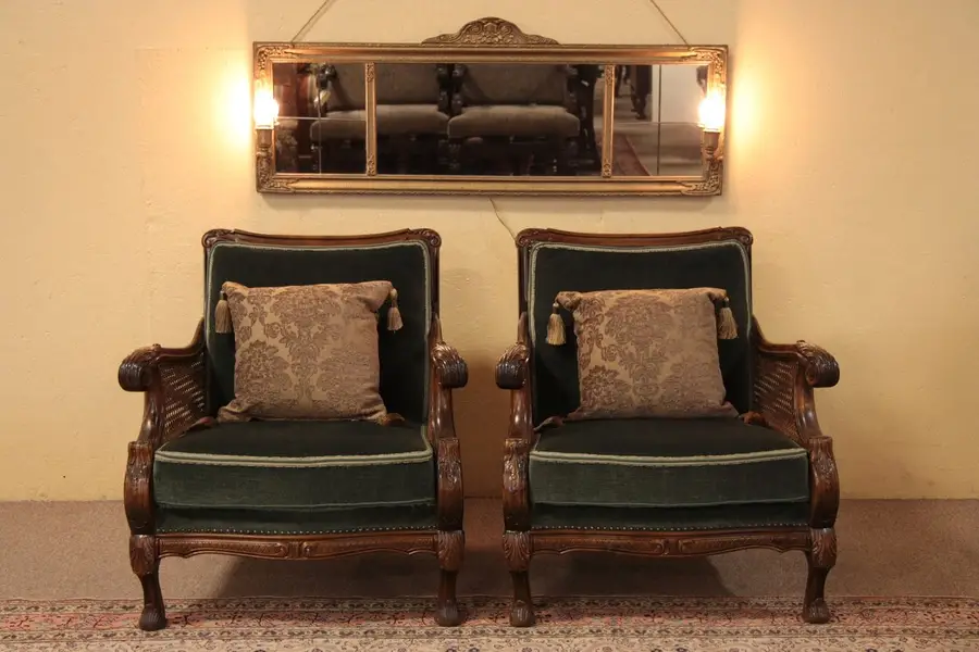 Photo of Pair of Carved 1930's Antique Mohair Armchairs