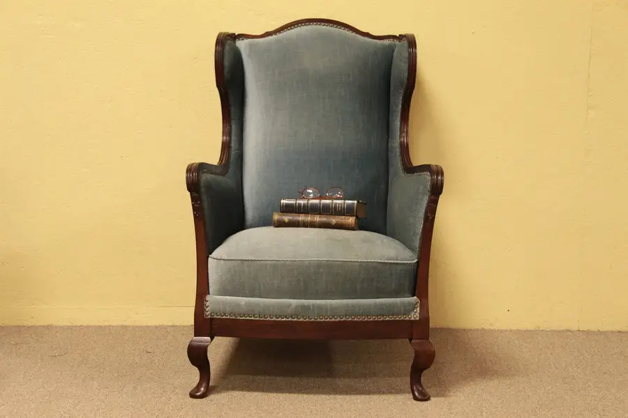 Photo of Carved Mohair Vintage Mahogany Wingchair