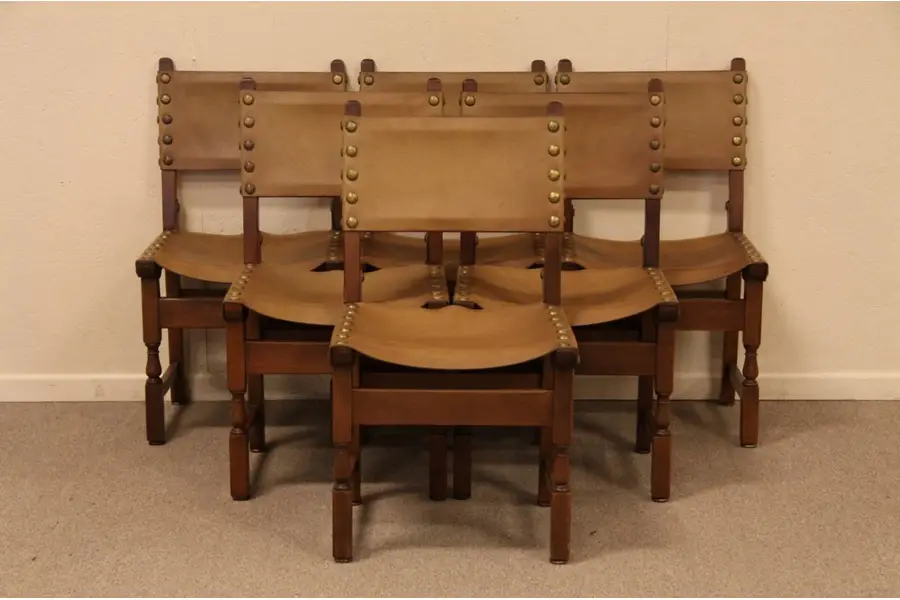 Photo of Set of 6 Antique Leather Saddle Seat Dining Chairs