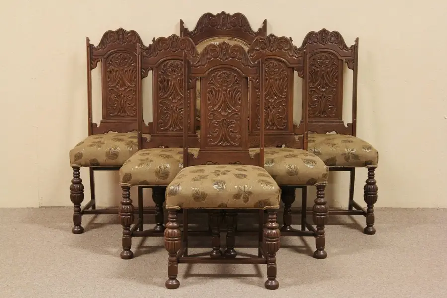 Photo of Set of 6 English Tudor Carved Oak Antique Dining Chairs