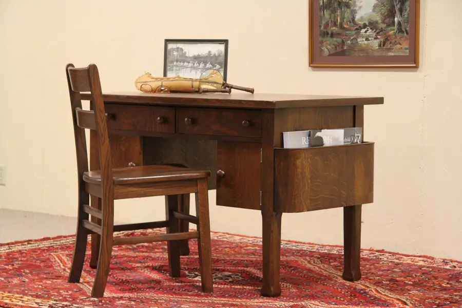 Photo of Arts & Crafts Mission Oak Library Table Desk, Magazine Rack