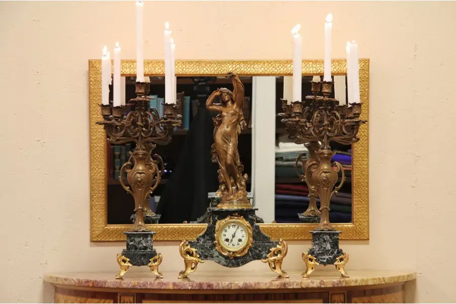 Photo of French Marble Mantel Clock Set Moreau Sculptures