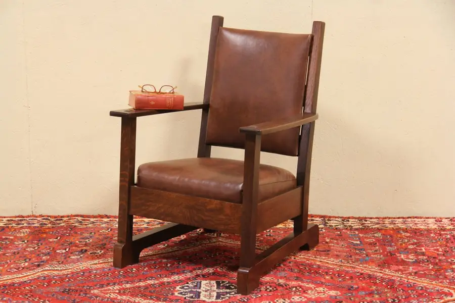 Photo of Limbert Signed 1905 Antique Arts & Crafts Leather Chair