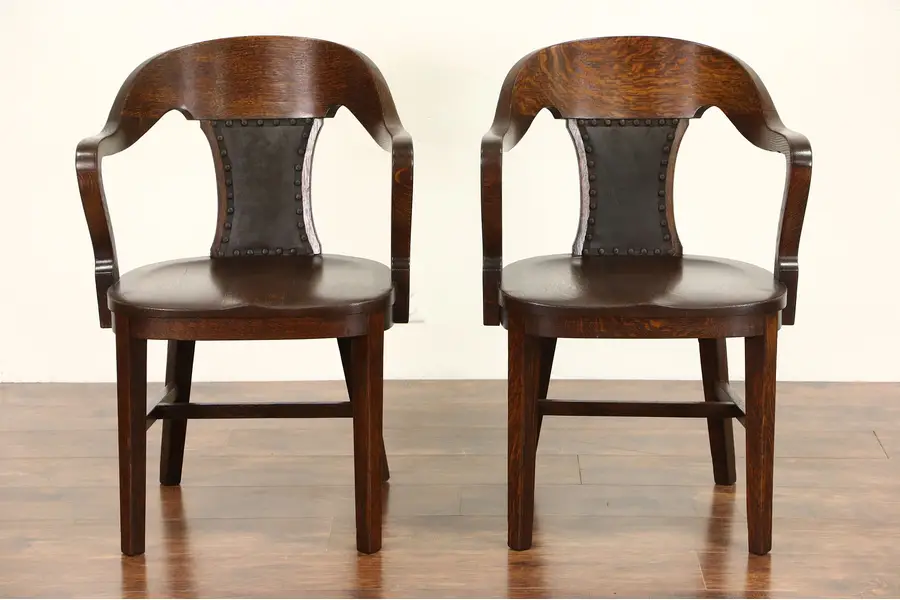 Photo of Pair of 1910 Oak Banker Chairs with Arms, Original Leather