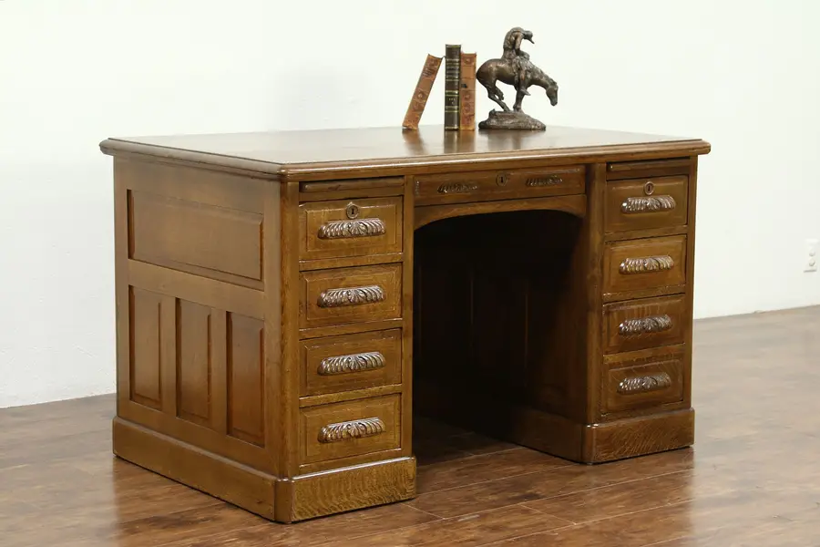 Photo of Oak Raised Panel 1900 Antique Library or Office Desk, Carved Pulls