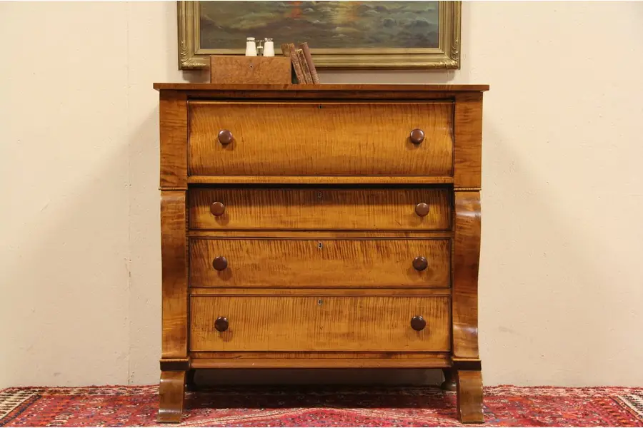 Photo of American Empire 1830's Antique Curly Tiger Maple Chest or Dresser