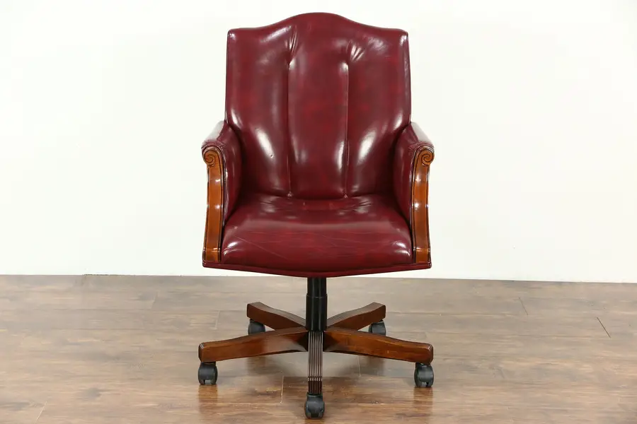 Photo of Desk Swivel Chair, Adjustable Vintage Leather & Mahogany, Signed Councill