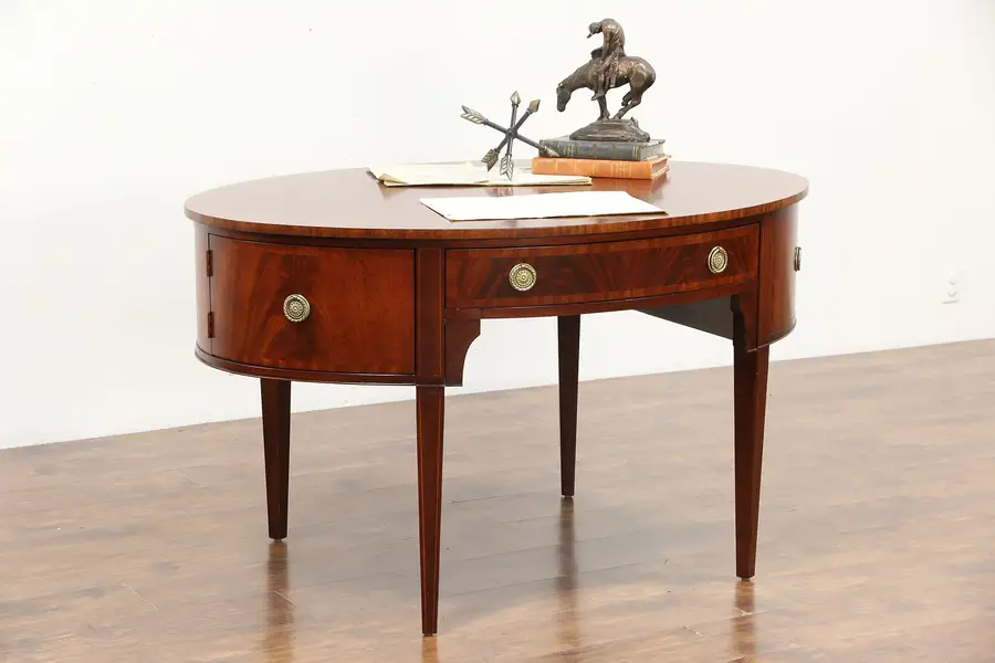 Photo of Partner Desk, Mahogany Vintage Oval Georgian Style, Signed Henredon