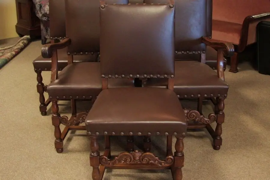 Photo of Set of 8 Carved Oak & Leather Dining Chairs, 1900