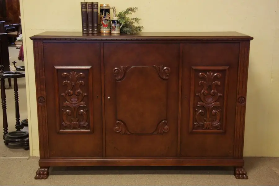 Photo of Carved Oak 3 Door Antique Cabinet, Lion Feet