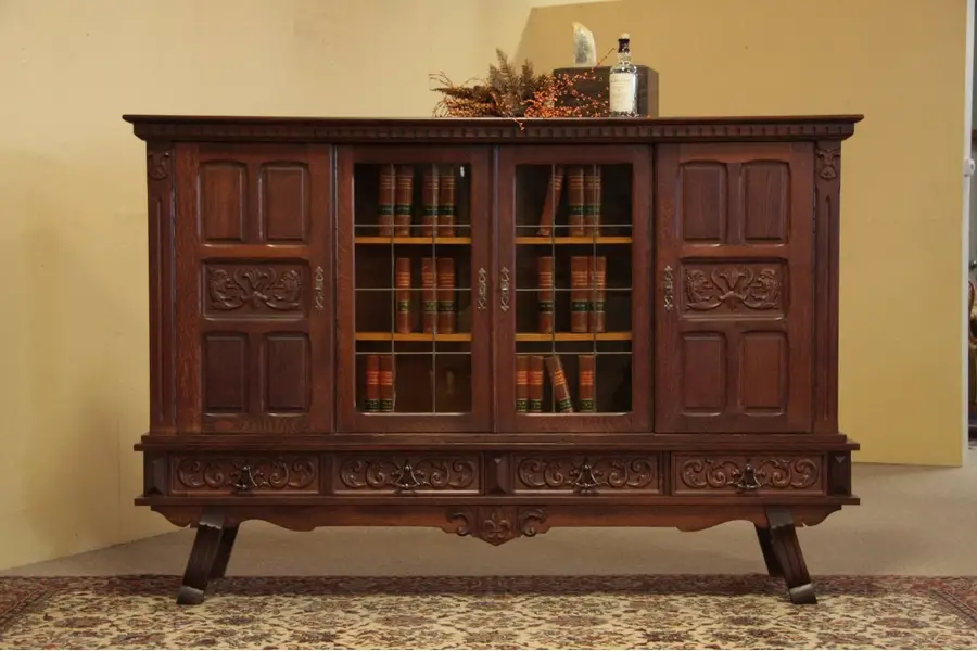 Photo of Oak Bookcase or China Cabinet, Leaded Glass Doors
