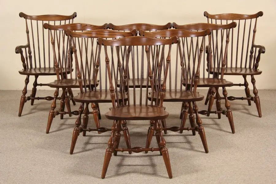 Photo of Set of 8 Oak 1990 Nichols & Stone Windsor Dining Chairs, 2 with Arms