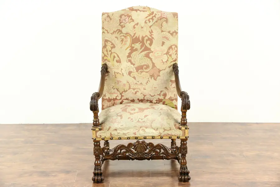 Photo of French Carved Walnut Antique 1895 Hall or Throne Chair, Original Needlepoint