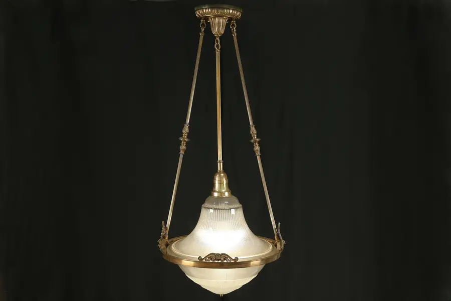 Photo of Bronze Antique Classical Art Deco Chandelier, Halophane Glass Shades
