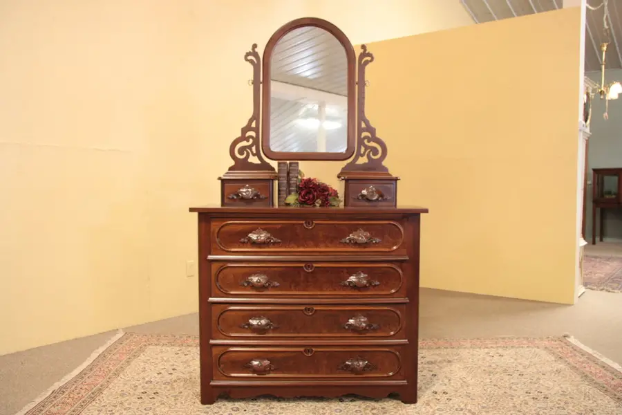 Photo of Victorian Chest or Dresser, Carved Pulls, Mirror