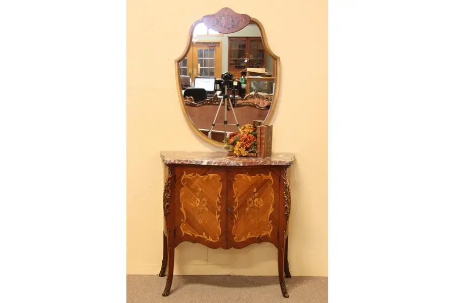 Photo of Marble Top French Marquetry Cabinet or Console