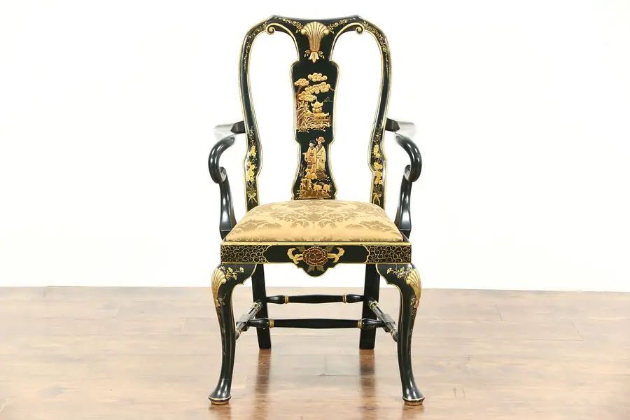 Photo of Chinese Style Hand Painted Vintage Chair with Arms, Black
