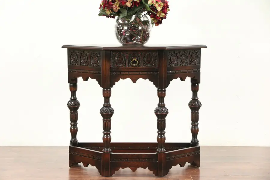 Photo of English Tudor Oak 1930's Vintage Hall Console Table, Signed Lammerts